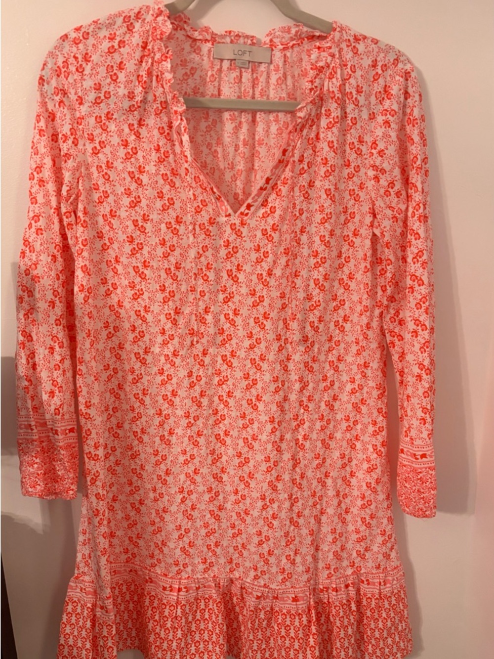 LOFT Pink Floral Print Long-Sleeve Ruffle Hem Dress